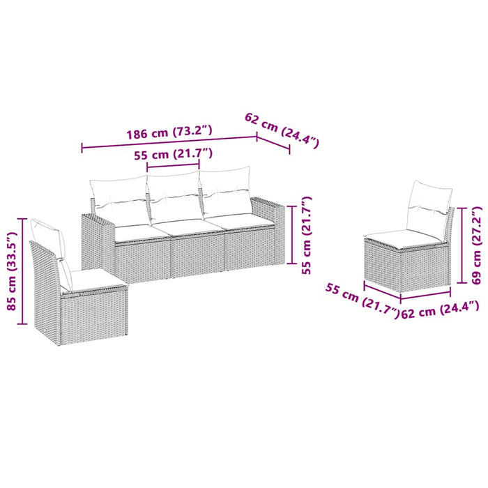 Set Divano da Giardino 5pz con Cuscini-Sofa da Giardino-Divanetto da esterno Grigio Chiaro Polyrattan 227158