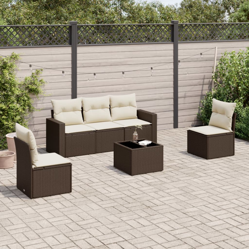 Set Divano da Giardino 6 pz con Cuscini-Sofa da Giardino-Divanetto da esterno Marrone in Polyrattan 513254