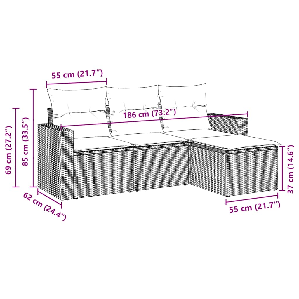 Set Divano da Giardino 4 pz con Cuscini-Sofa da Giardino-Divanetto da esterno Marrone in Polyrattan 464253