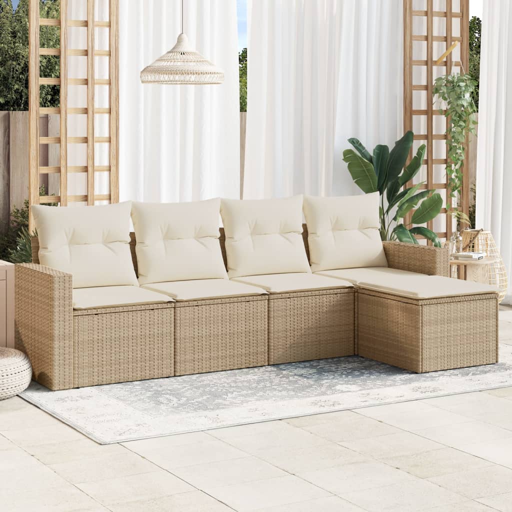 Set Divano da Giardino 5 pz con Cuscini-Sofa da Giardino-Divanetto da esterno Beige in Polyrattan 137085