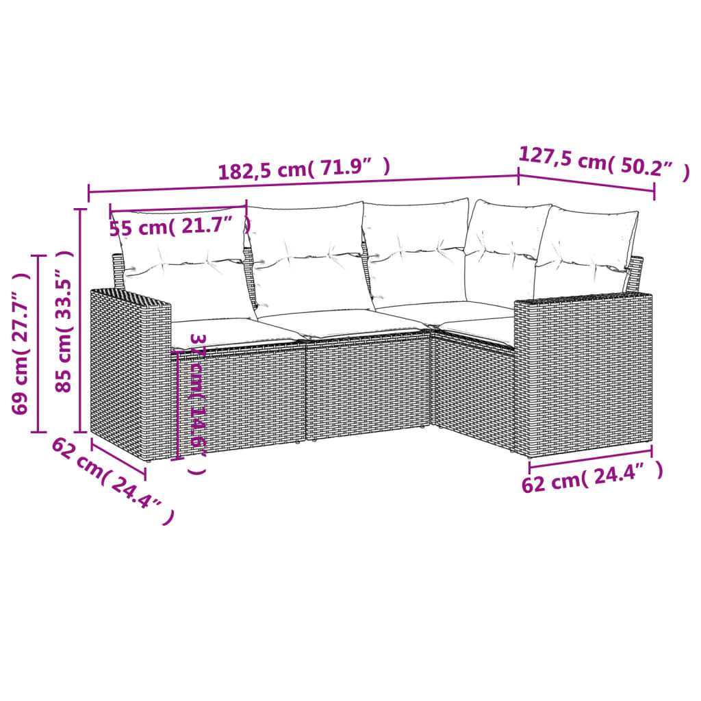 Set Divano da Giardino 4 pz con Cuscini-Sofa da Giardino-Divanetto da esterno Beige in Polyrattan 602249