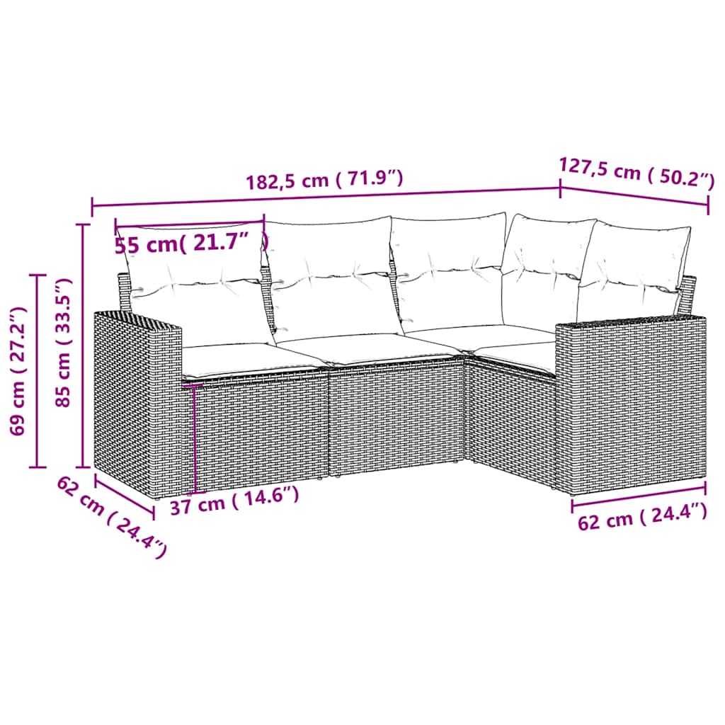 Set Divano da Giardino 4pz con Cuscini Grigio Chiaro Polyrattan