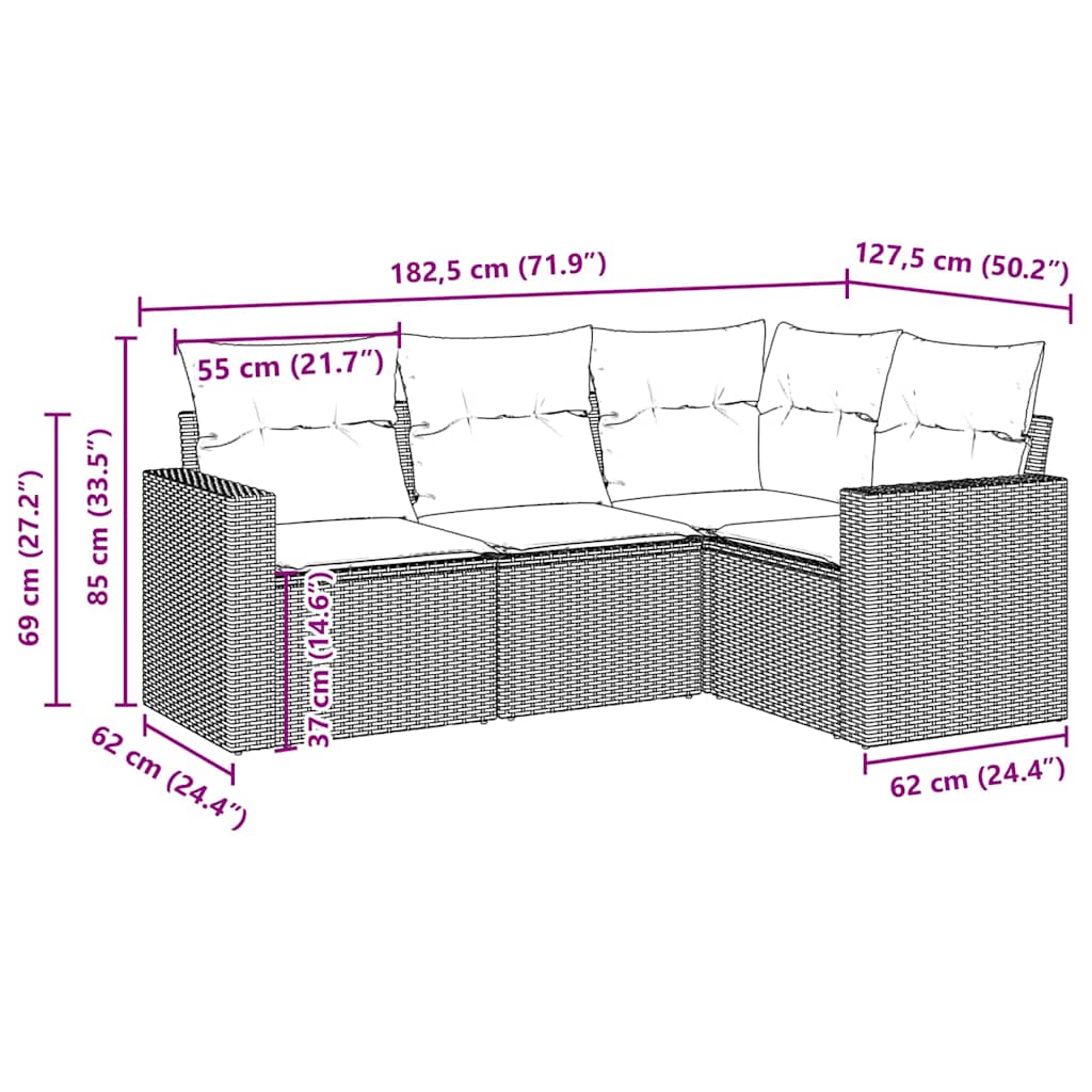 Set Divano da Giardino 4 pz con Cuscini-Sofa da Giardino-Divanetto da esterno Marrone in Polyrattan 124861