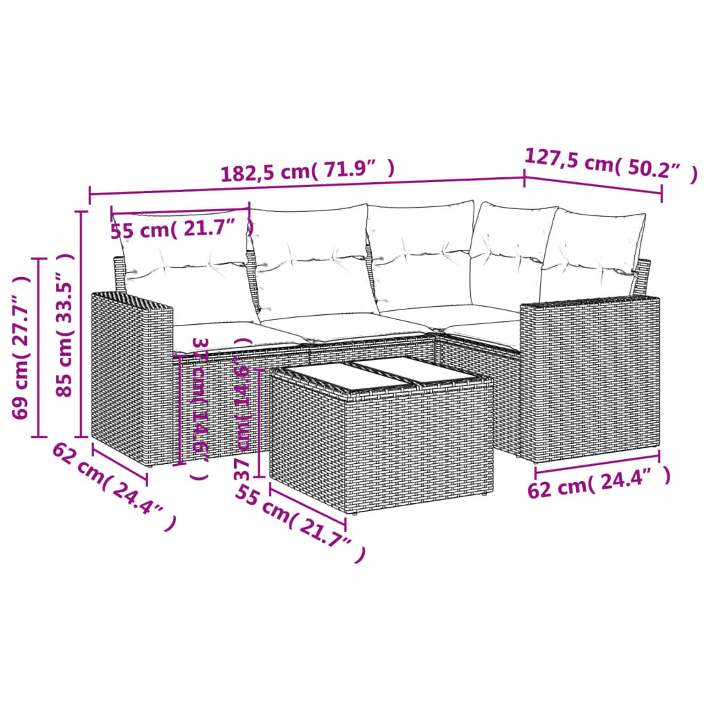 Set Divano da Giardino 5 pz con Cuscini-Sofa da Giardino-Divanetto da esterno Grigio in Polyrattan 263742
