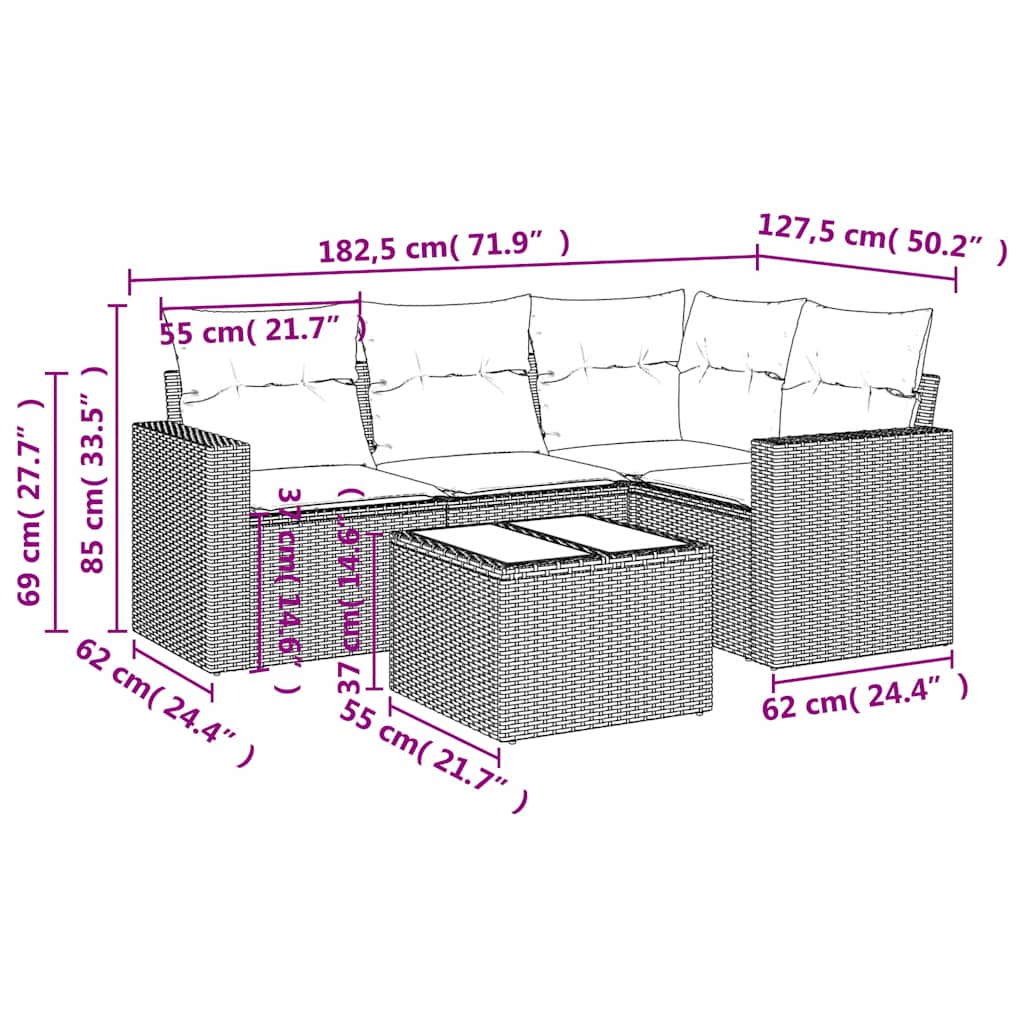 Set Divano da Giardino 5pz con Cuscini-Sofa da Giardino-Divanetto da esterno Grigio Chiaro Polyrattan 522818