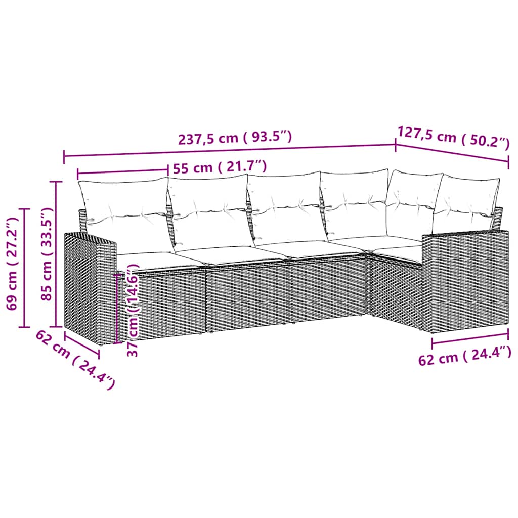 Set Divano da Giardino 5pz con Cuscini Grigio Chiaro Polyrattan