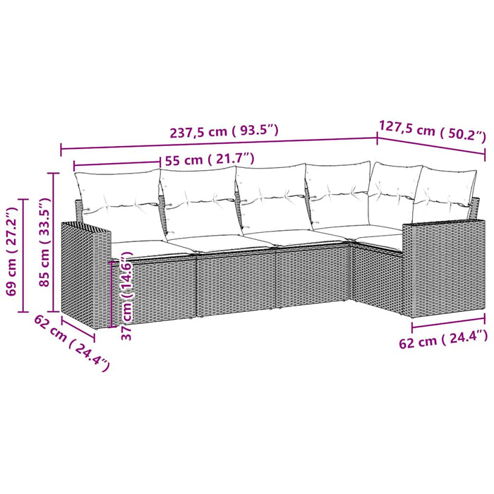 Set Divano da Giardino 5pz con Cuscini Grigio Chiaro Polyrattan