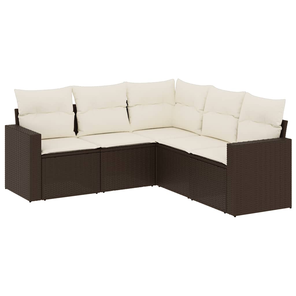 Set Divano da Giardino 5 pz con Cuscini-Sofa da Giardino-Divanetto da esterno Marrone in Polyrattan 850964