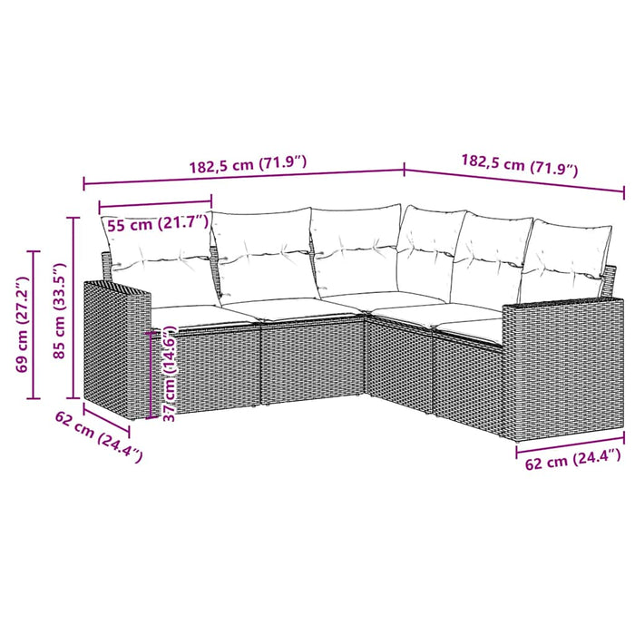 Set Divano da Giardino 5 pz con Cuscini-Sofa da Giardino-Divanetto da esterno Marrone in Polyrattan 850964