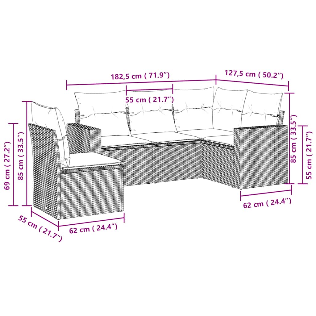 Set Divano da Giardino 5pz con Cuscini-Sofa da Giardino-Divanetto da esterno Grigio Chiaro Polyrattan 933312