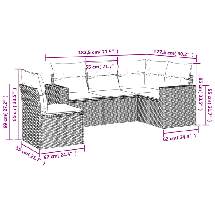 Set Divano da Giardino 5 pz con Cuscini-Sofa da Giardino-Divanetto da esterno Marrone in Polyrattan 229924
