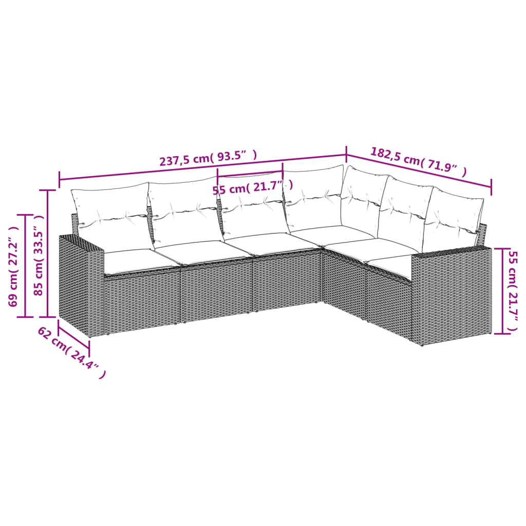 Set Divano da Giardino 6 pz con Cuscini-Sofa da Giardino-Divanetto da esterno Nero in Polyrattan 388136