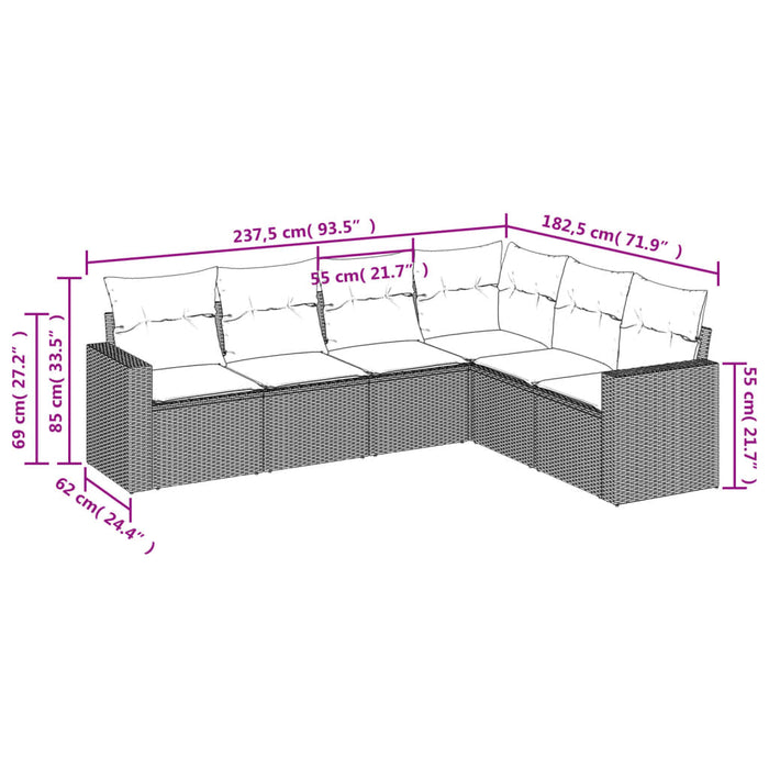Set Divano da Giardino 6pz con Cuscini Grigio Chiaro Polyrattan