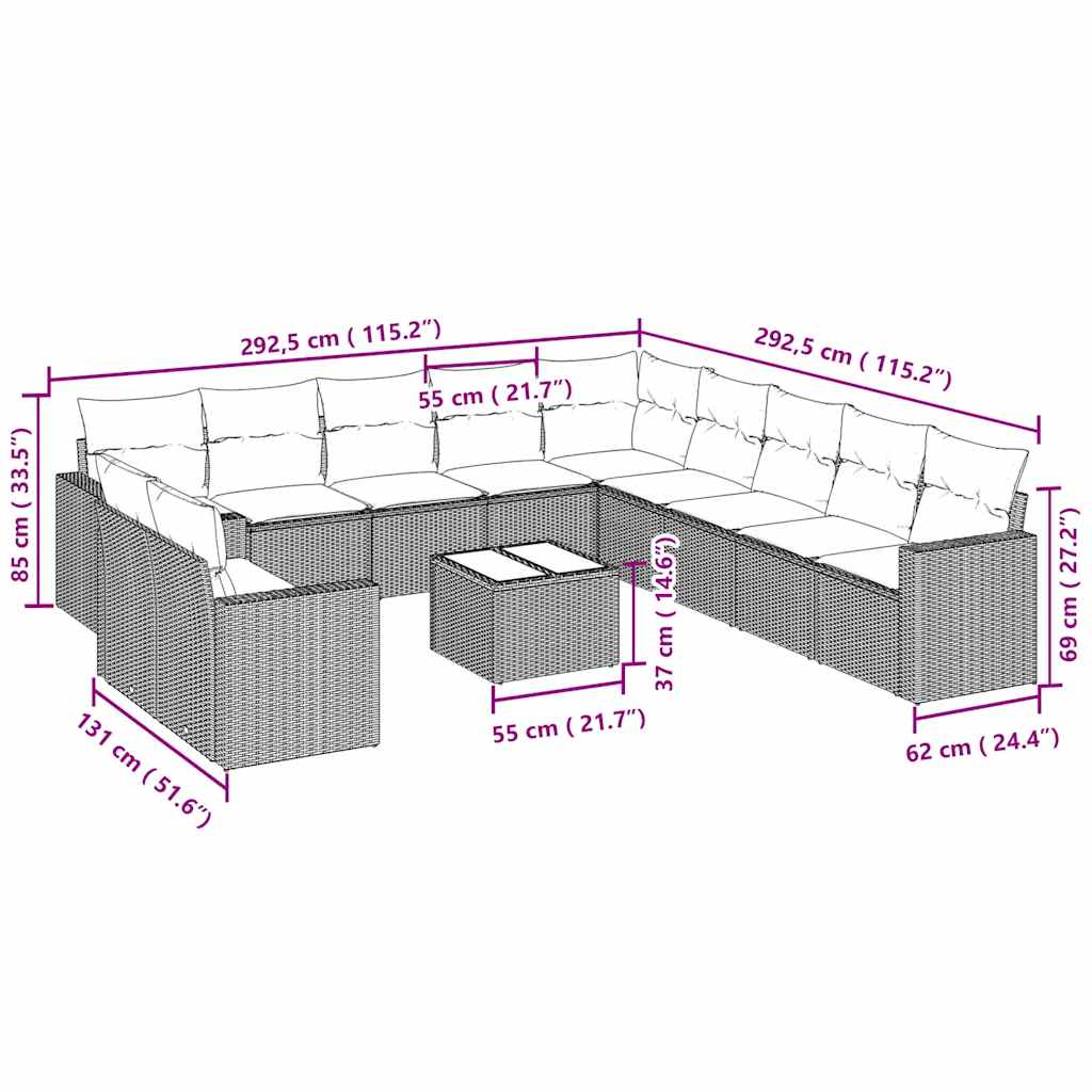 vidaXL Set Divano Giardino 12 pz con Cuscini Grigio Chiaro Polyrattan