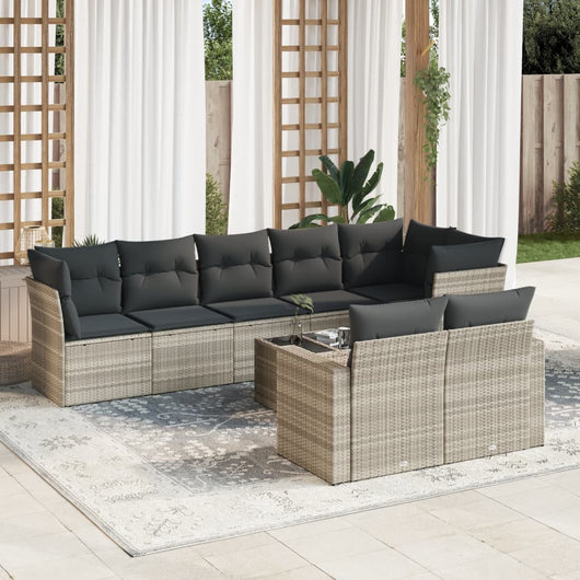 Set Divano da Giardino 9pz con Cuscini Grigio Chiaro Polyrattan