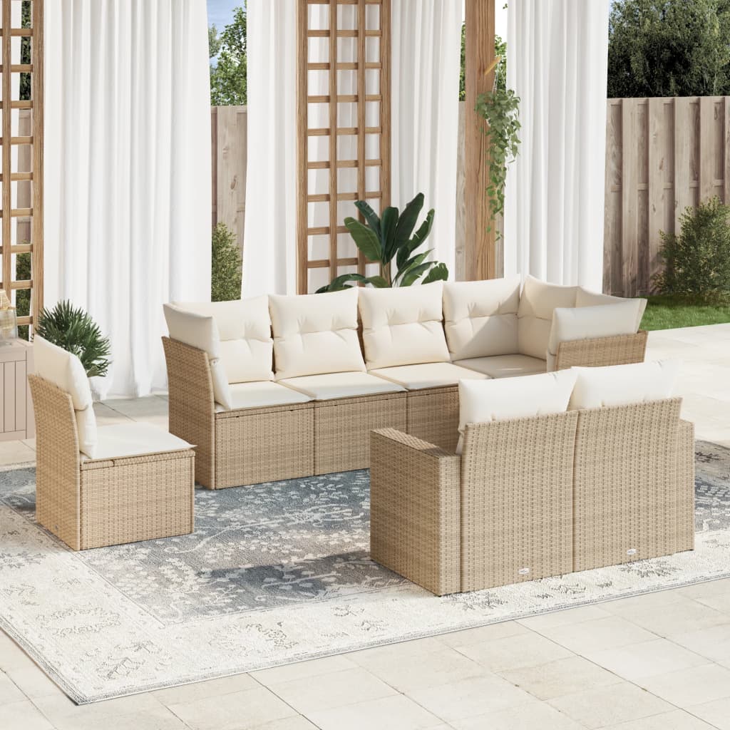 Set Divano da Giardino 8 pz con Cuscini Beige in Polyrattan