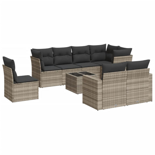 Set Divano da Giardino 9pz con Cuscini Grigio Chiaro Polyrattan