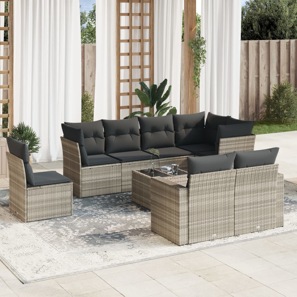 Set Divano da Giardino 9pz con Cuscini Grigio Chiaro Polyrattan