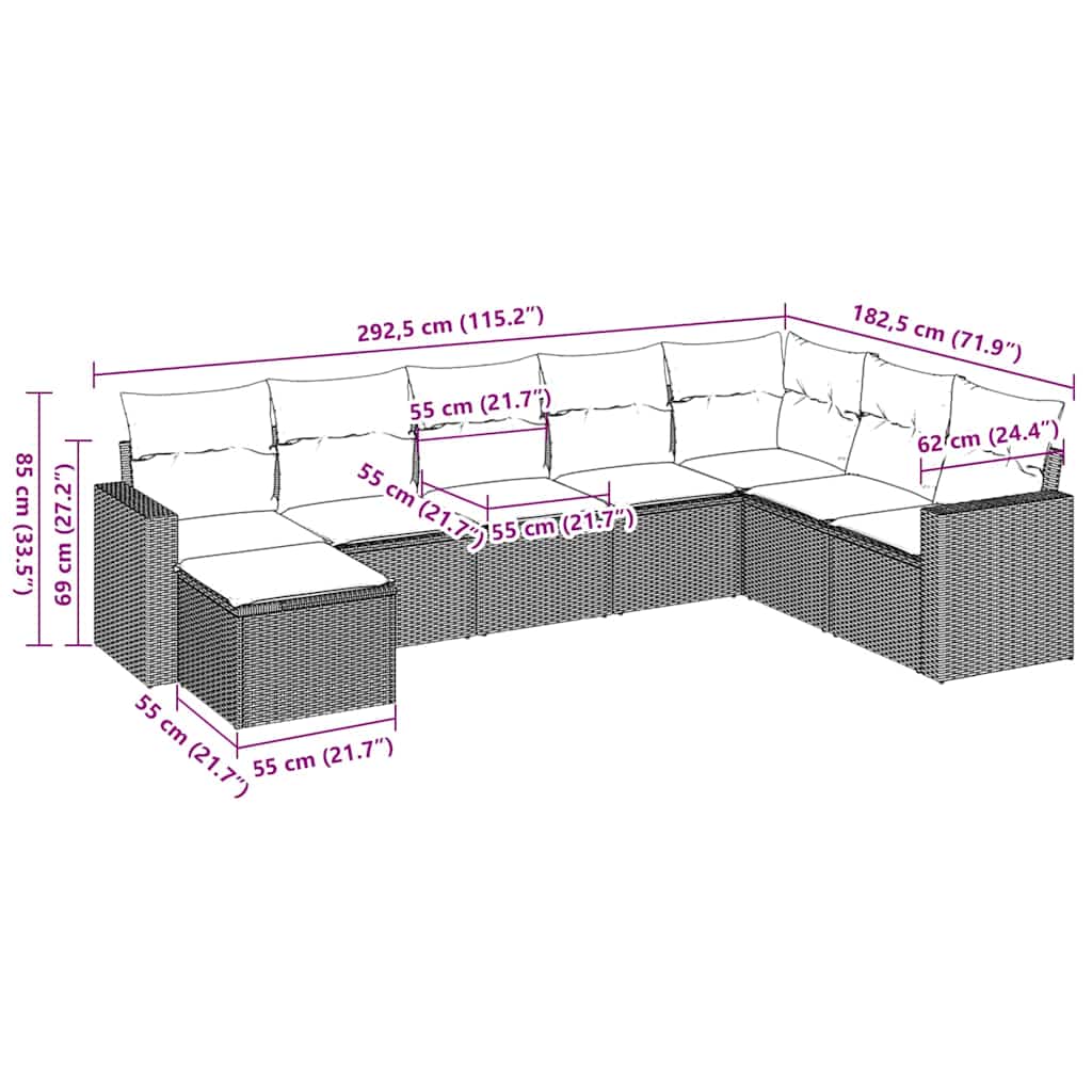 Set Divani da Giardino 8 pz con Cuscini Marrone in Polyrattan
