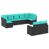 Set Divani da Giardino 9 pz con Cuscini Nero in Polyrattan