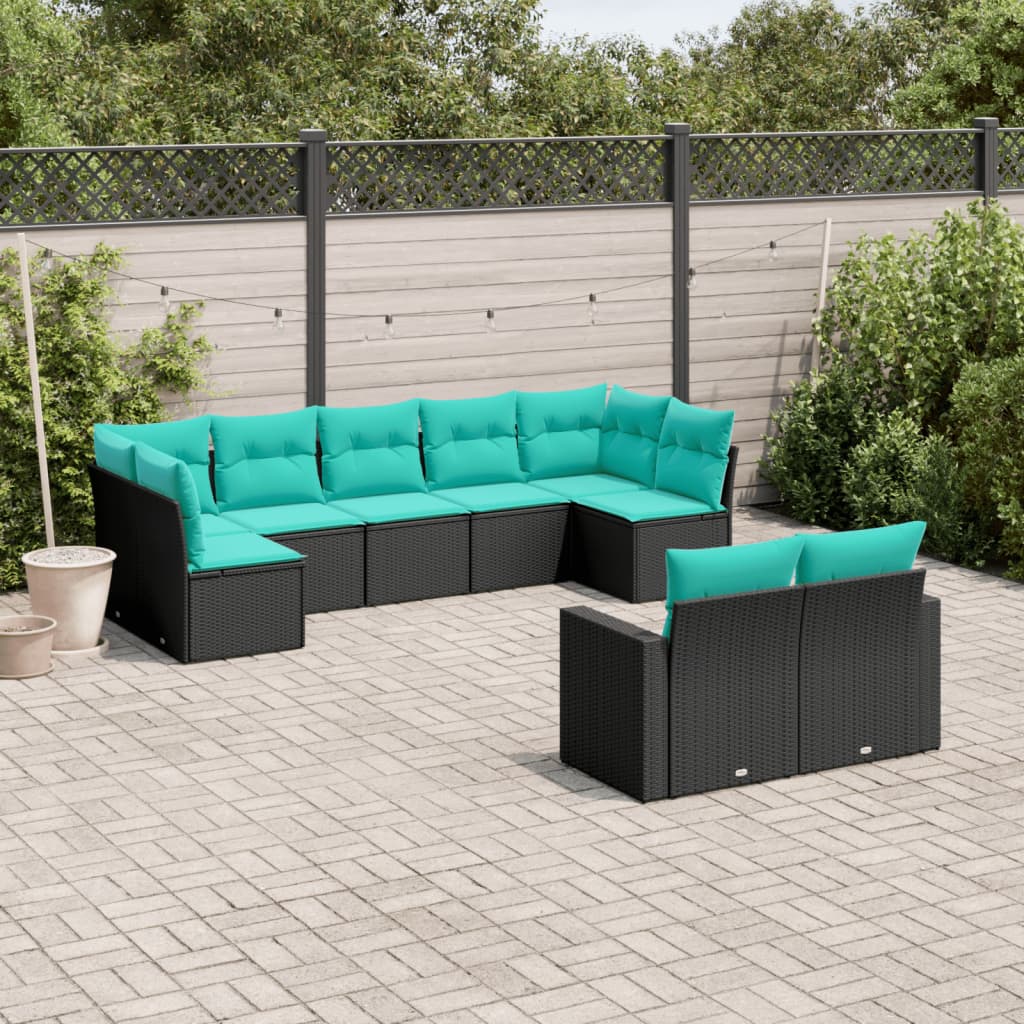 Set Divani da Giardino 9 pz con Cuscini Nero in Polyrattan