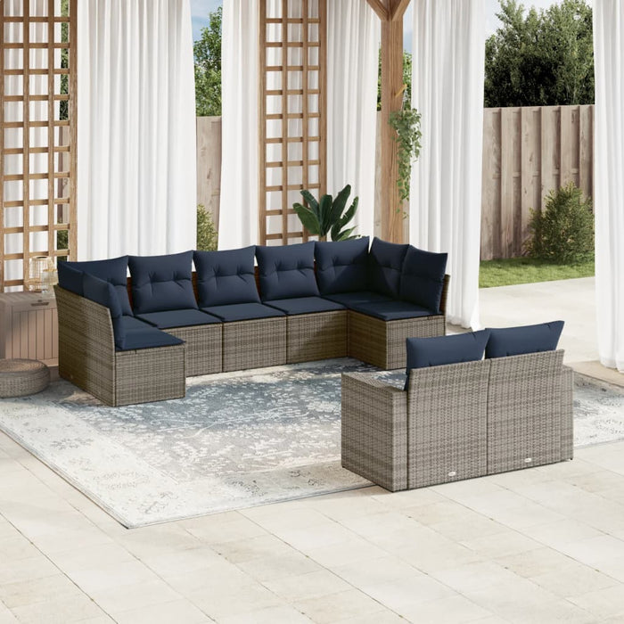 Set Divani da Giardino 9 pz con Cuscini Grigio in Polyrattan