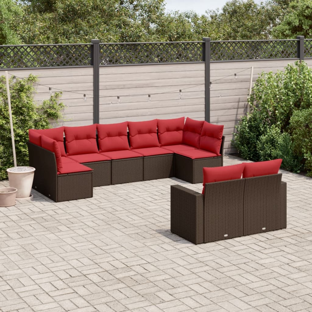 Set Divani da Giardino 9pz con Cuscini Marrone in Polyrattan