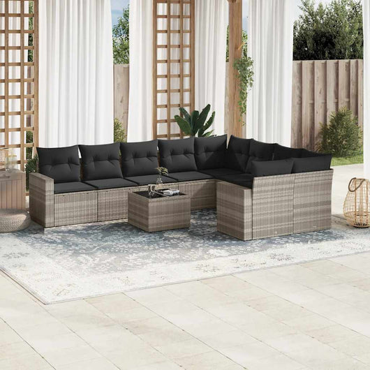 Set Divano Giardino 10 pz con Cuscini Grigio Chiaro Polyrattan