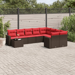 Set Divani da Giardino 10pz con Cuscini in Polyrattan Marrone