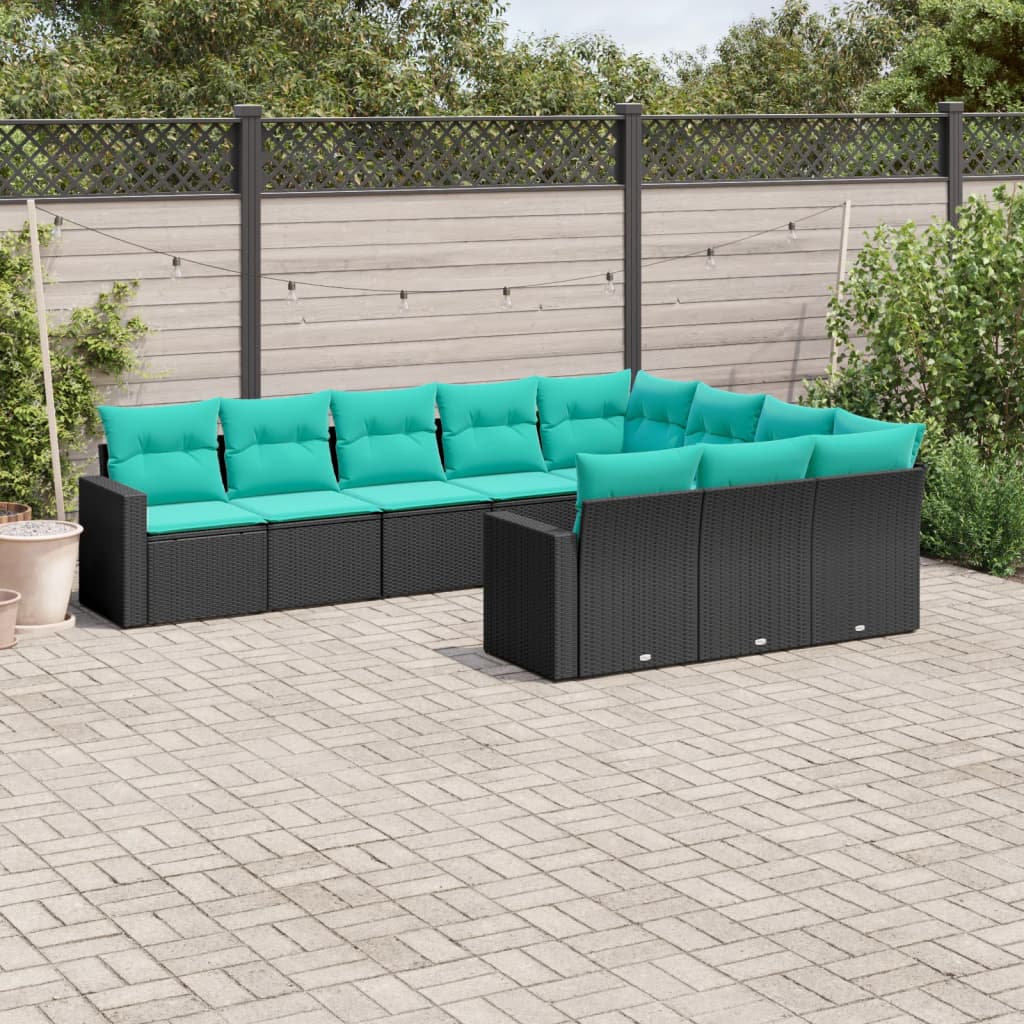 Set Divani da Giardino 10 pz con Cuscini Nero in Polyrattan