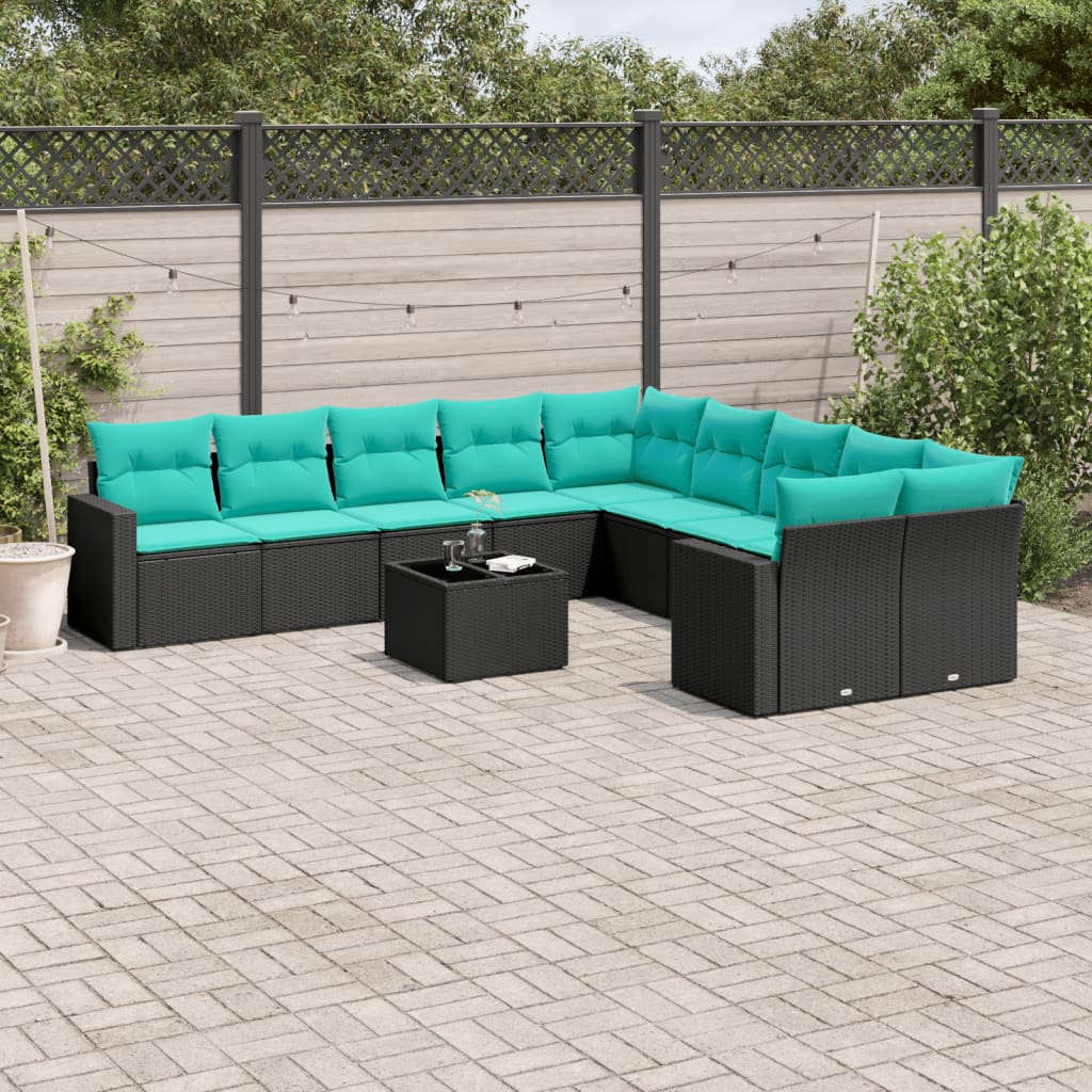 Set Divani da Giardino 11 pz con Cuscini in Polyrattan Nero
