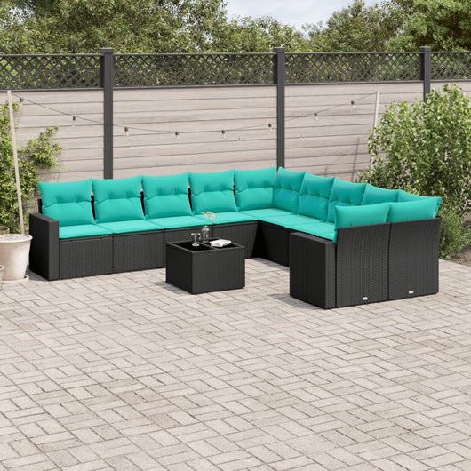 Set Divani da Giardino 11 pz con Cuscini in Polyrattan Nero