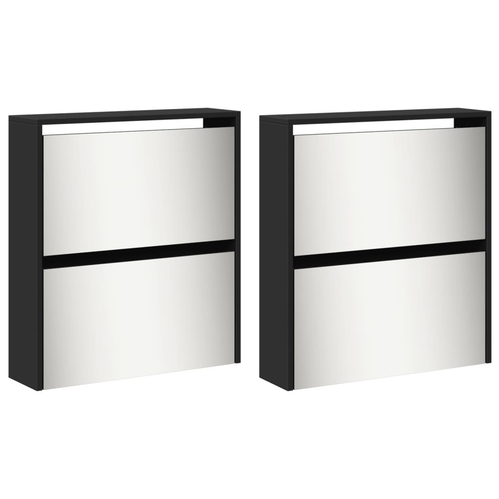 Scarpiera con Specchio a 4 Livelli-Mobile con specchio Nera 63x17x134 cm