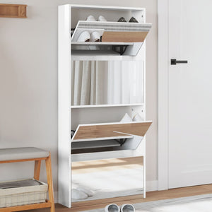 Scarpiera con Specchio a 4 Livelli-Mobile con specchio Bianco lucido 63x17x134 cm