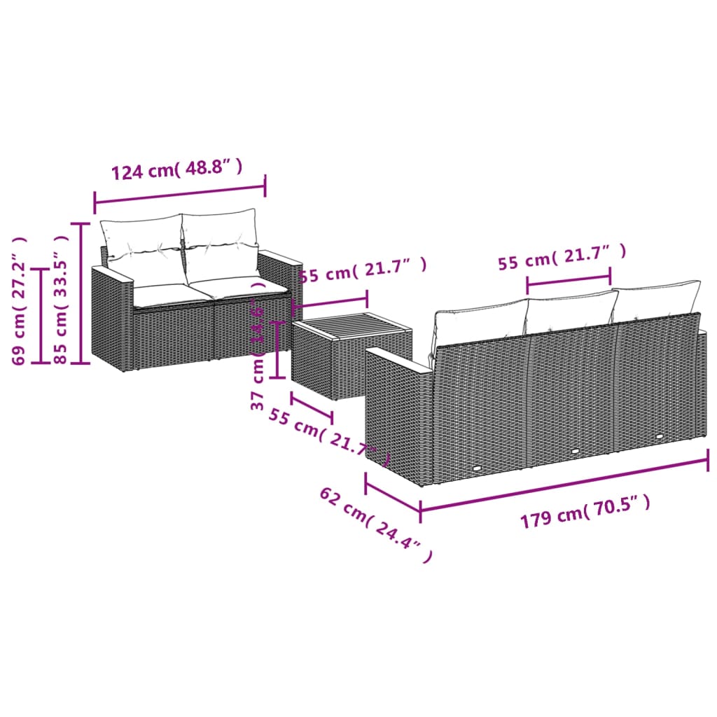 Set Divano da Giardino 6 pz con Cuscini-Sofa da Giardino-Divanetto da esterno Nero in Polyrattan 335165