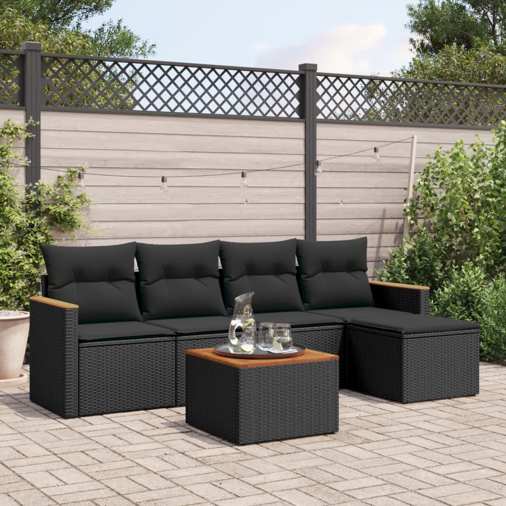 Set Divano da Giardino 6 pz con Cuscini-Sofa da Giardino-Divanetto da esterno Nero in Polyrattan 925702