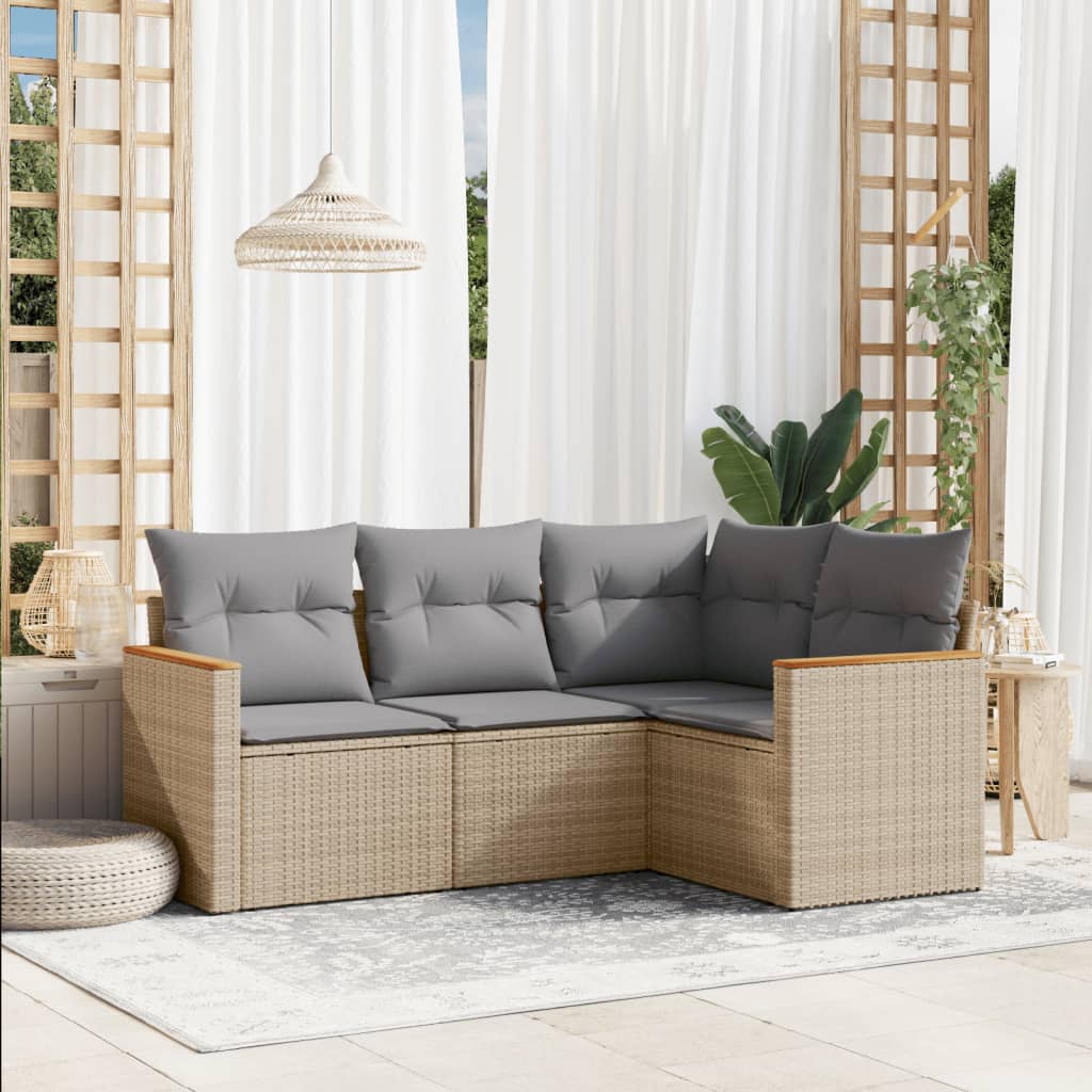 Set Divano da Giardino 4 pz con Cuscini-Sofa da Giardino-Divanetto da esterno Beige Misto Polyrattan 130566