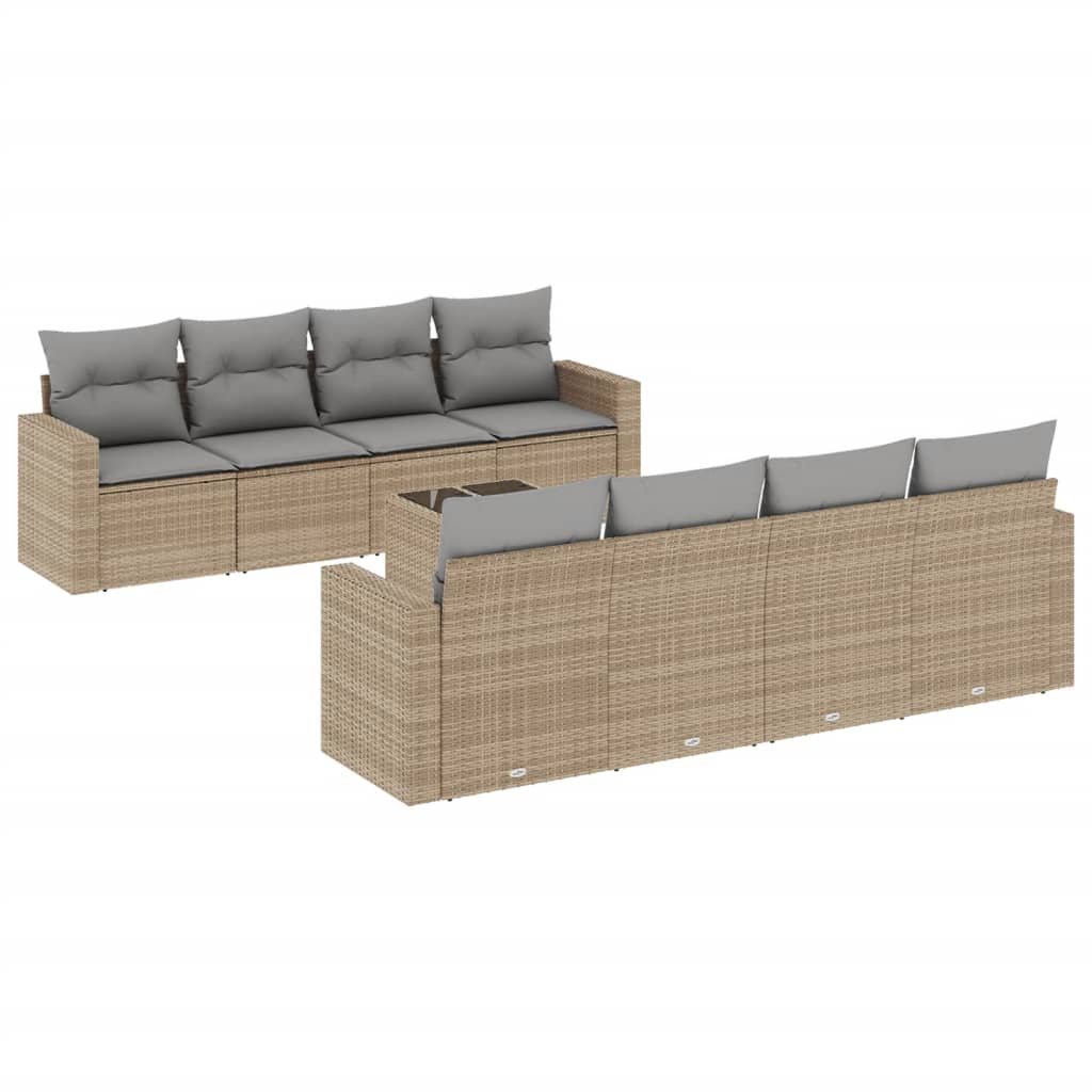 Set Divano da Giardino 9 pz con Cuscini Beige in Polyrattan