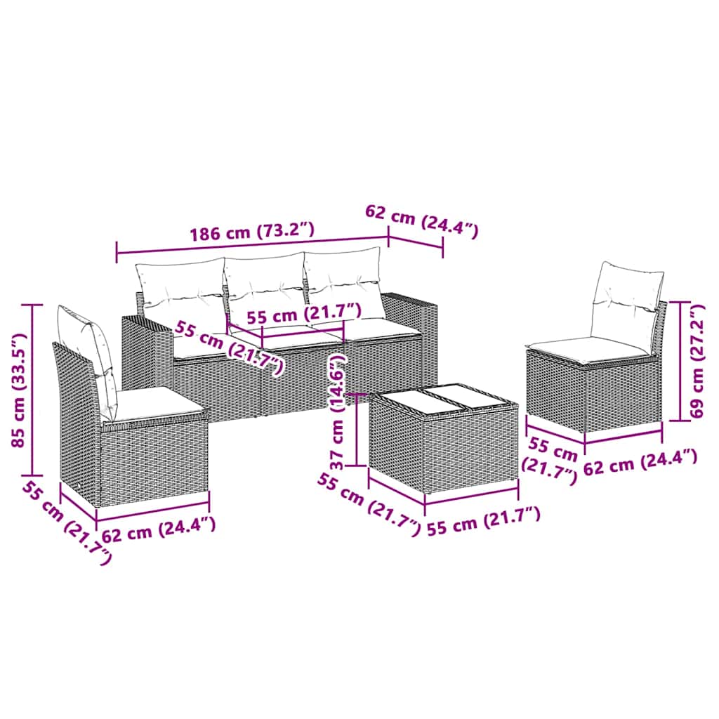 Set Divano da Giardino 6pz con Cuscini Grigio Chiaro Polyrattan 3251139
