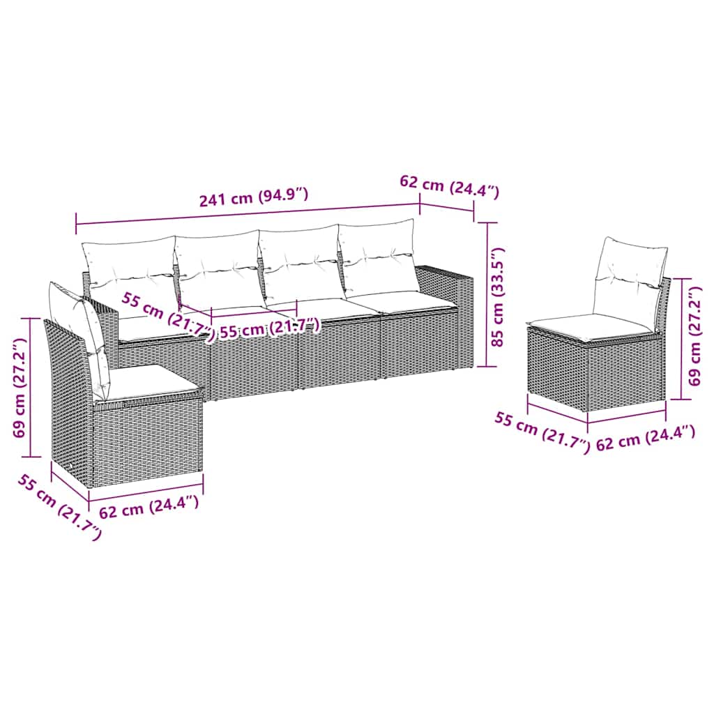 vidaXL Set Divano da Giardino 6 pz con Cuscini Nero in Polyrattan