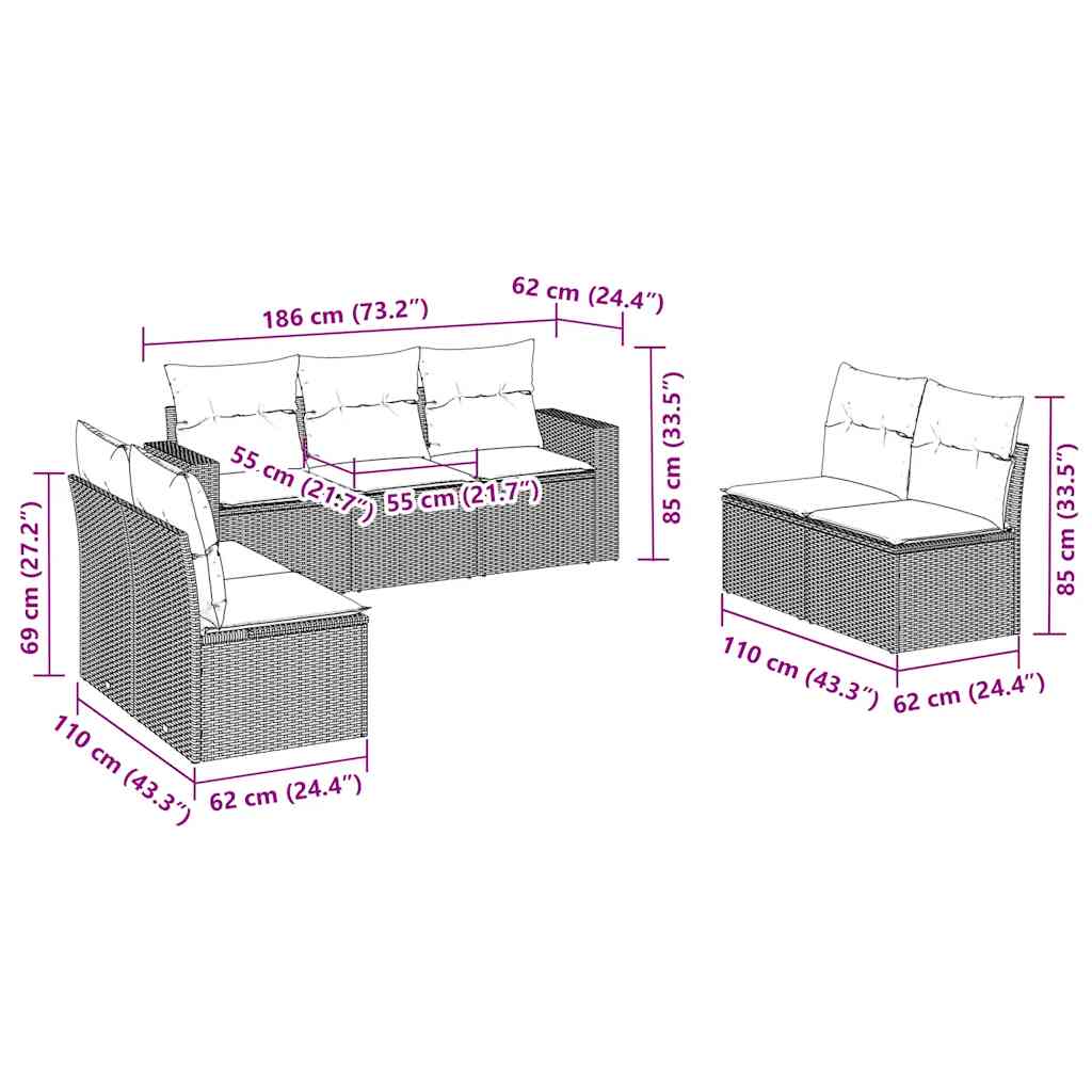 Set Divani da Giardino con Cuscini 7pz Nero Polyrattan