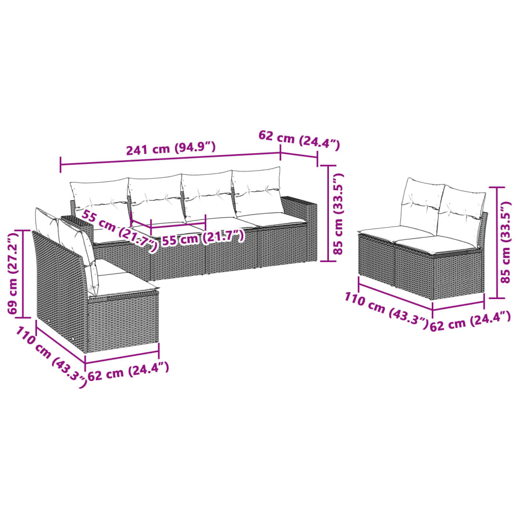 Set Divano da Giardino 8pz con Cuscini Grigio Chiaro Polyrattan 3251189