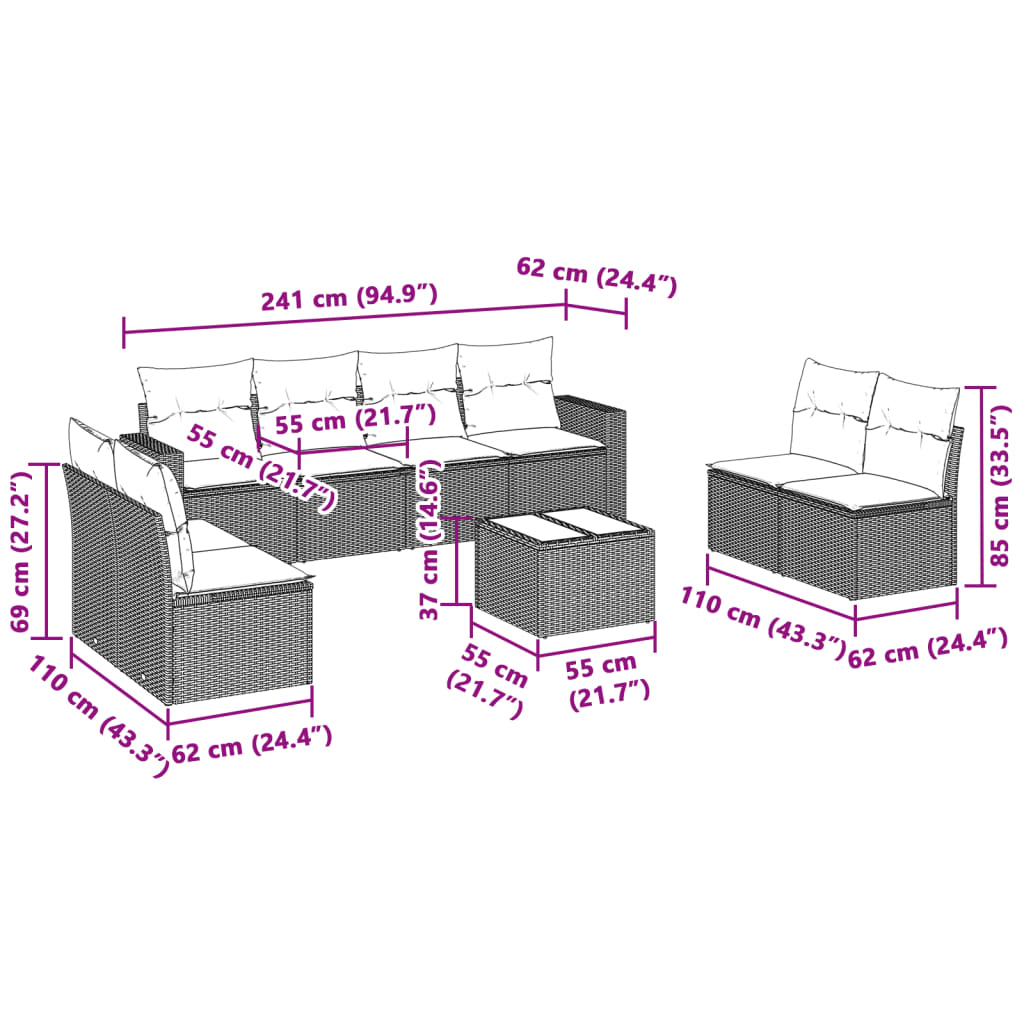Set Divano da Giardino 9pz con Cuscini Grigio Chiaro Polyrattan 3251199