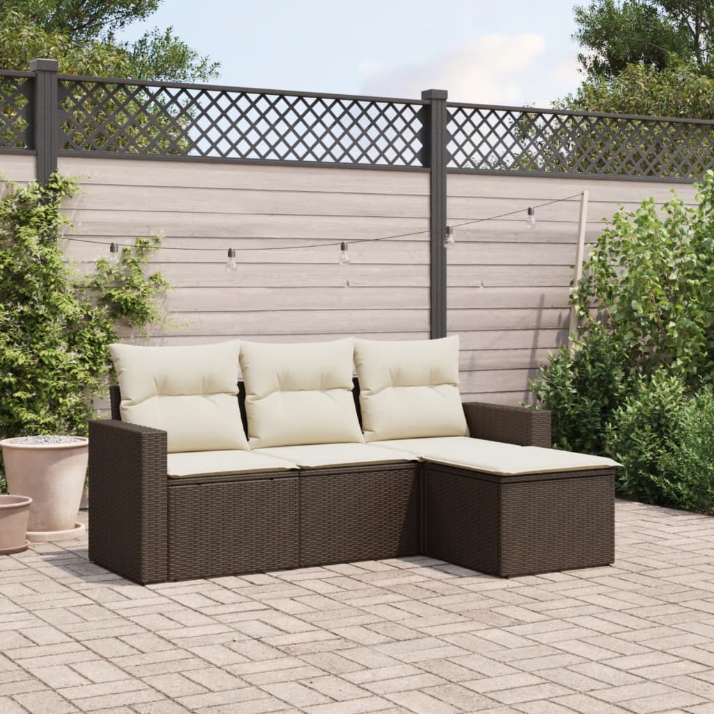 Set Divano da Giardino 4 pz con Cuscini-Sofa da Giardino-Divanetto da esterno Marrone in Polyrattan 101582
