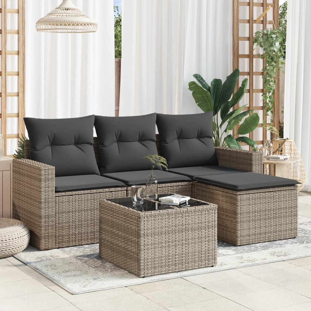 Set Divano da Giardino 5 pz con Cuscini-Sofa da Giardino-Divanetto da esterno Grigio in Polyrattan 822706