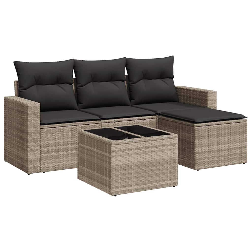 Set Divano da Giardino 5pz con Cuscini-Sofa da Giardino-Divanetto da esterno Grigio Chiaro Polyrattan 359986