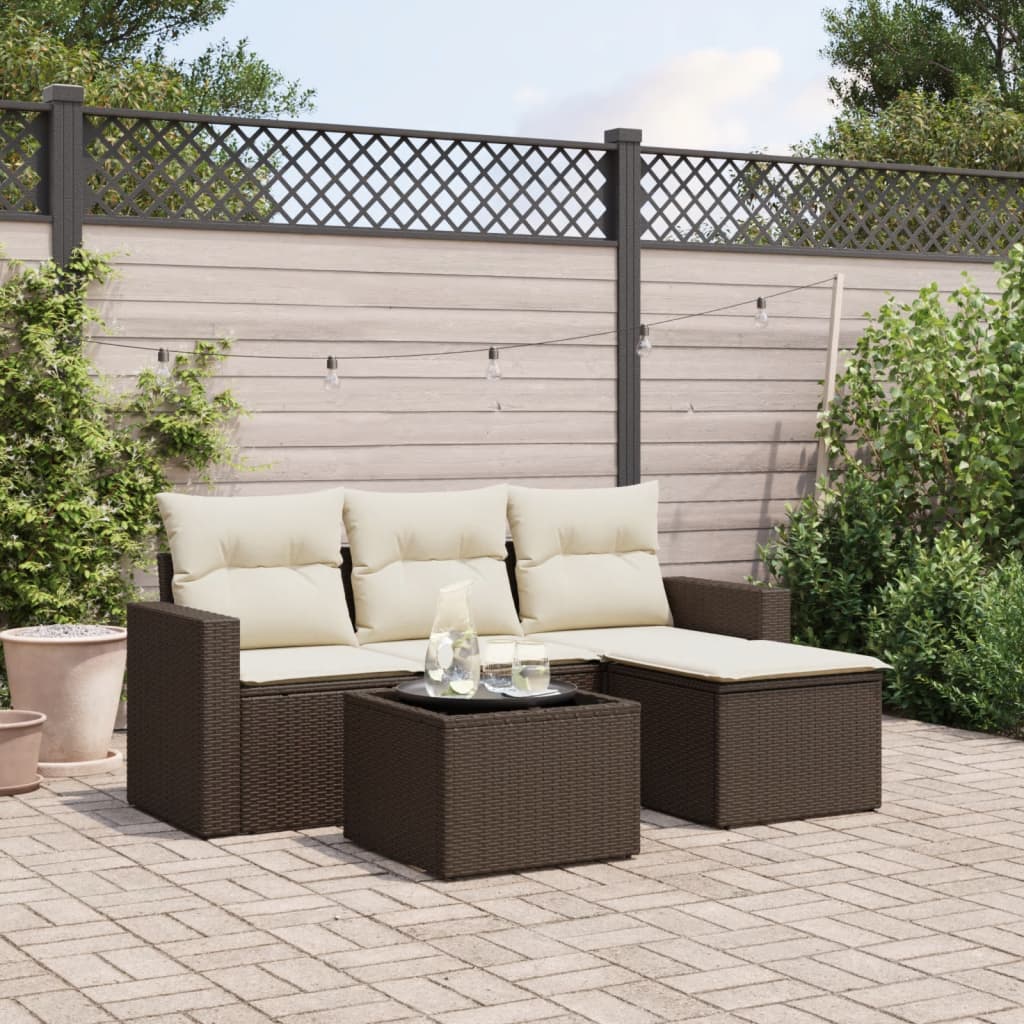 Set Divano da Giardino 5 pz con Cuscini-Sofa da Giardino-Divanetto da esterno Marrone in Polyrattan 404068