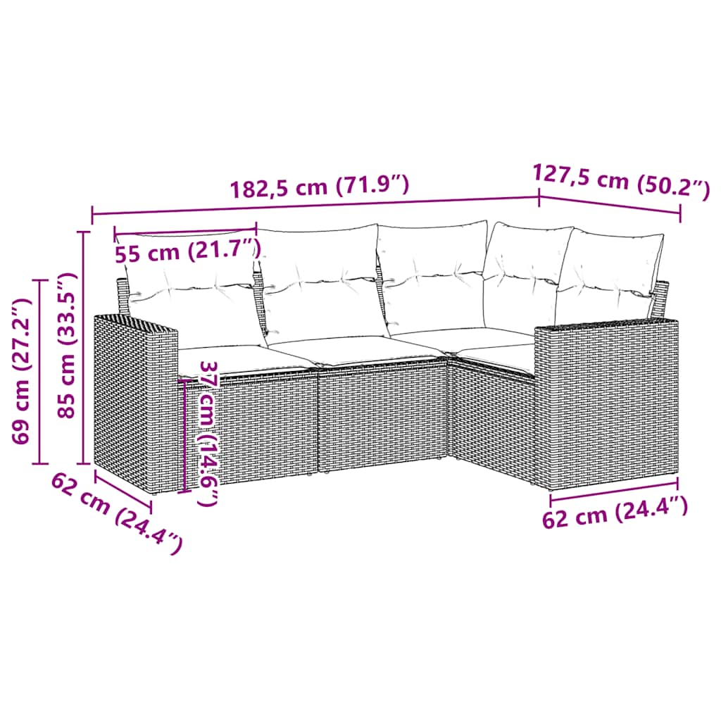 Set Divano da Giardino 4 pz con Cuscini Marrone in Polyrattan