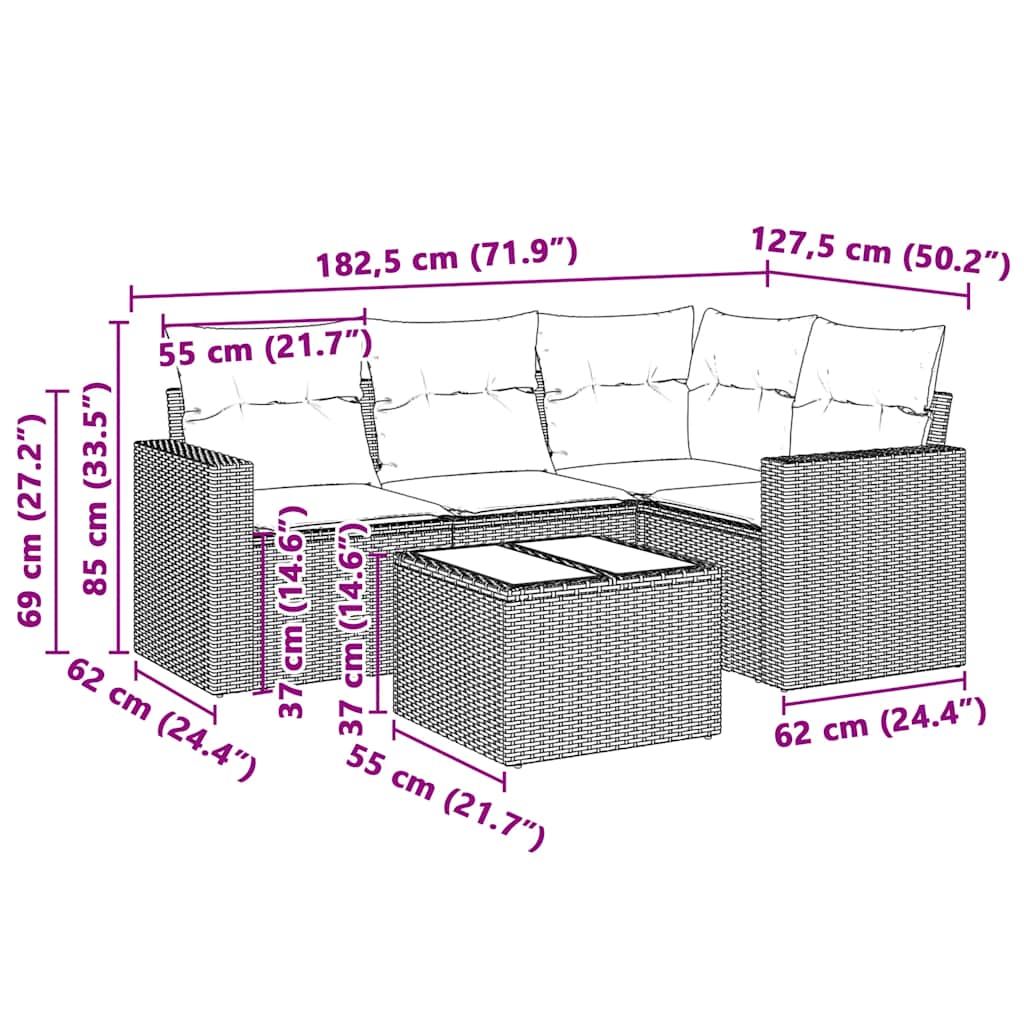 Set Divano da Giardino 5pz con Cuscini Grigio Chiaro Polyrattan