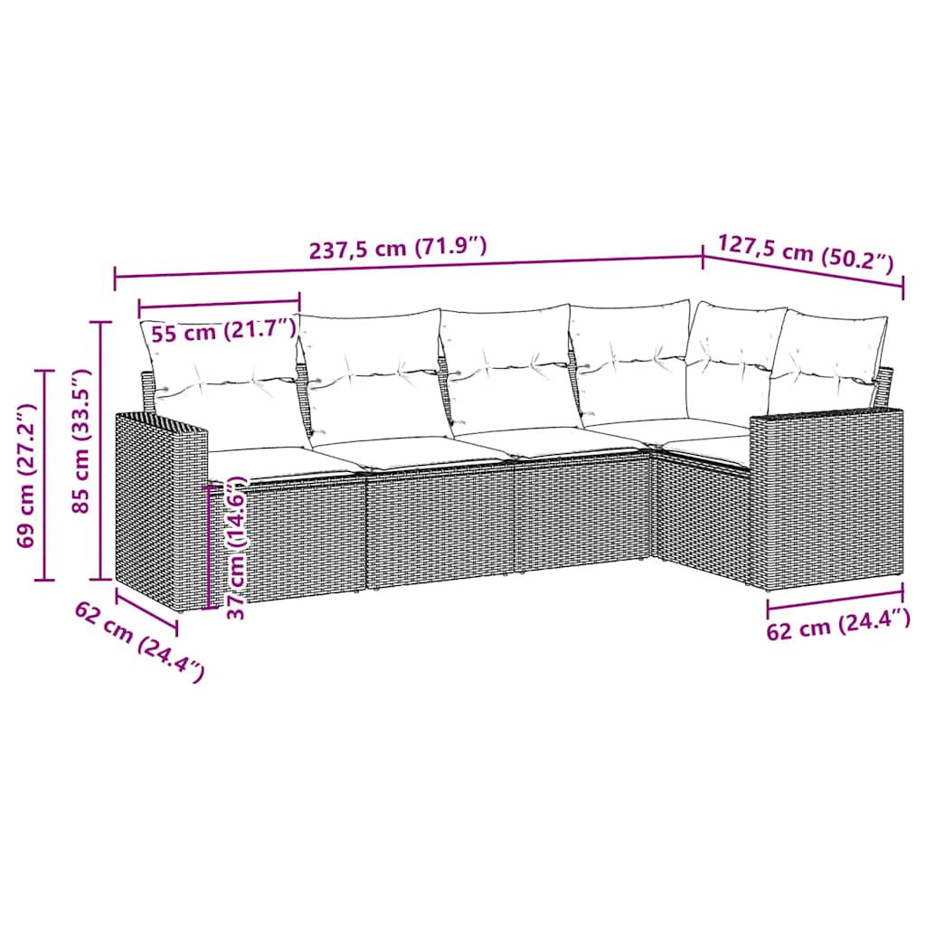 Set Divano da Giardino 5 pz con Cuscini Marrone in Polyrattan